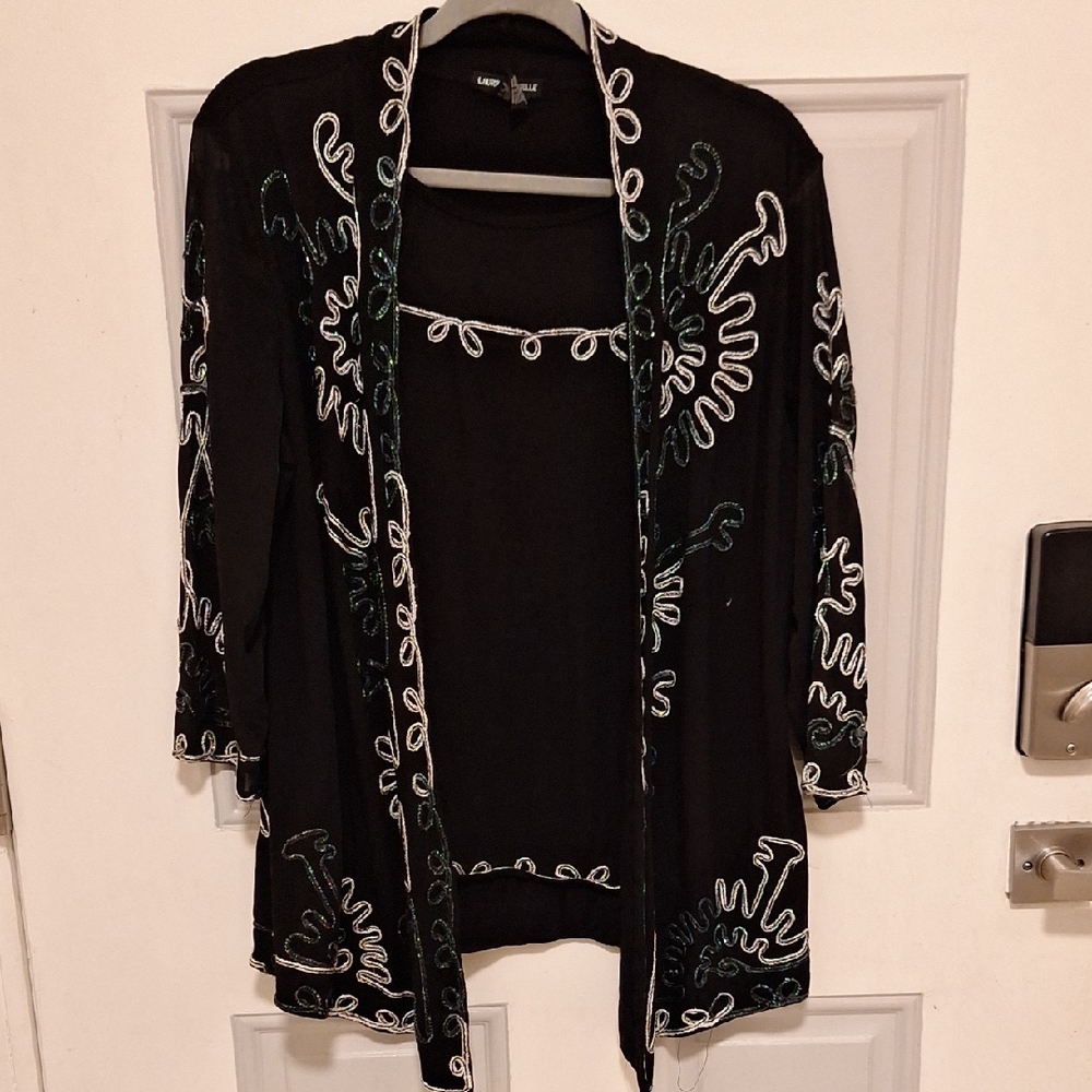 Lauren Michelle Black and Silver Embroidered Cardigan